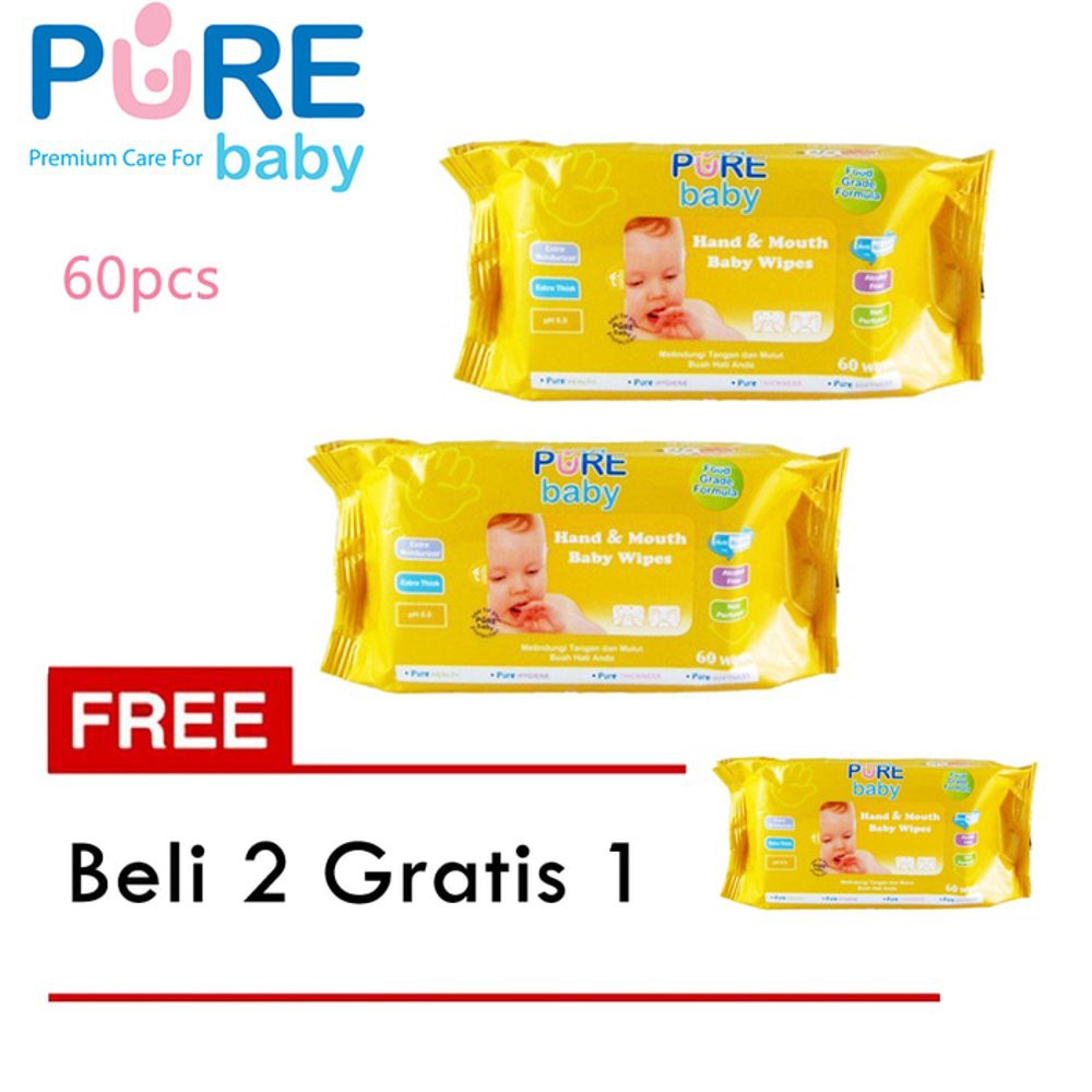 3Pack PURE BB Hand &amp; Mouth Baby Wipes Combo 60s Tissue Basah Mulut Bayi Purebaby 3x60s | Pure Baby Wipes