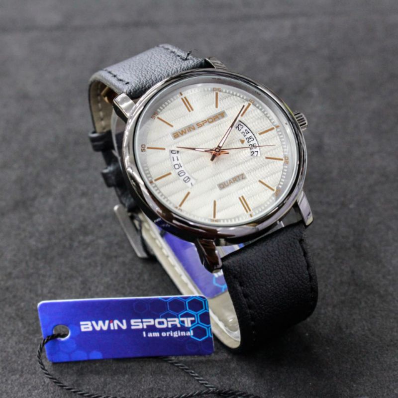 JAM TANGAN PRIA BWIN SPORT B631 ORIGINAL ANALOG TANGGAL AKTIF TALI KULIT TERBARU