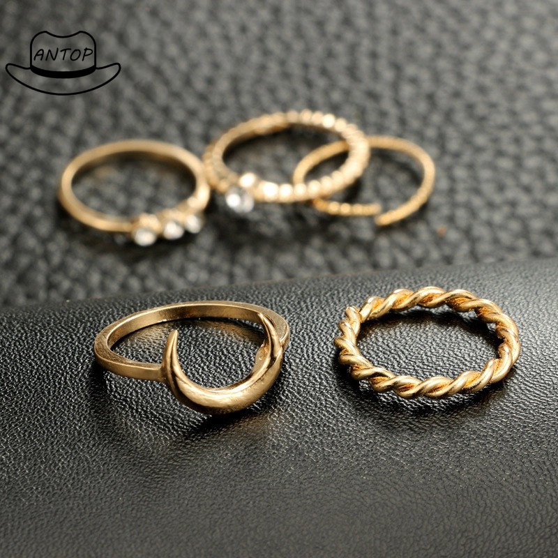 Antop！5Pcs Cincin Vintage Boho Model Stackable Bulan untuk Wanita