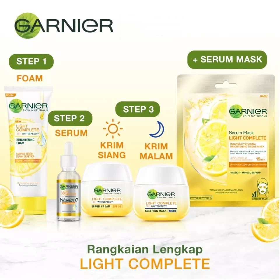 (Dapat 2 pcs Cream Siang + Malam) Paket Garnier LIGHT BRIGHT COMPLETE Day Cream &amp; Night Cream Sleeping Mask - 50 ml / 20 ml - Cream Garnier Kuning Krim Pagi Siang &amp; Malam BPOM Ukuran Besar / Kecil