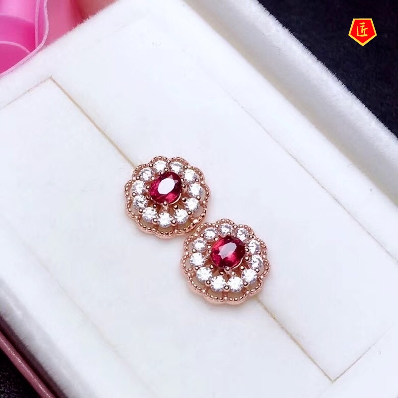 [Ready Stock]Fashion New Inlaid Garnet Full Diamond Flower Stud Earrings