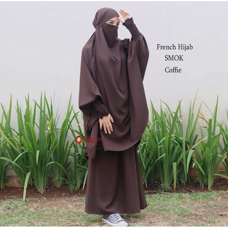 French Smok Khimar - Coffe (Ready Stock) By Khumaira Syar'i