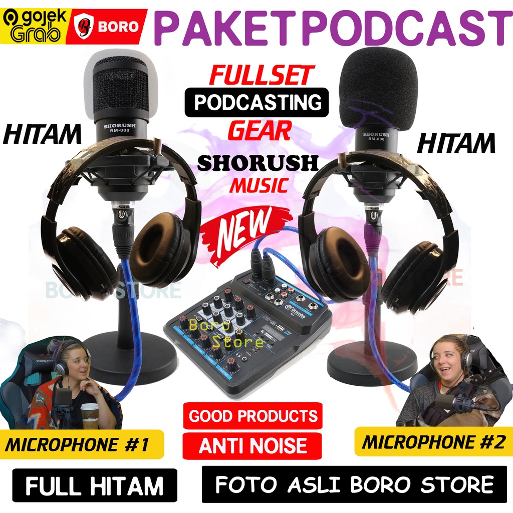 PAKET SHORUSH PODCAST 2 ORANG Tripod Bundar Meja Mic Microphone BM800 BM 800 Mixer Vlog Headphone Mu