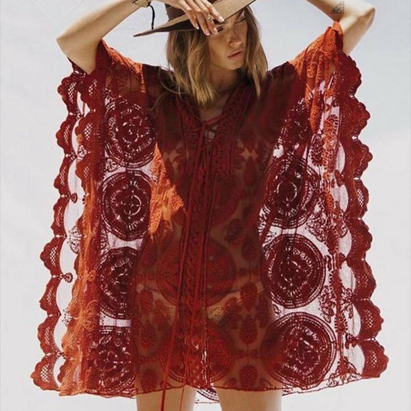 outer luaran pantai bahan brukat warna putih atau merah bata CODE LIU61-01