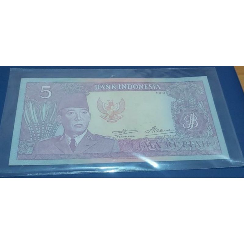 Uang Kertas Kuno 5 Rupiah Soekarno Tahun 1960 UNC