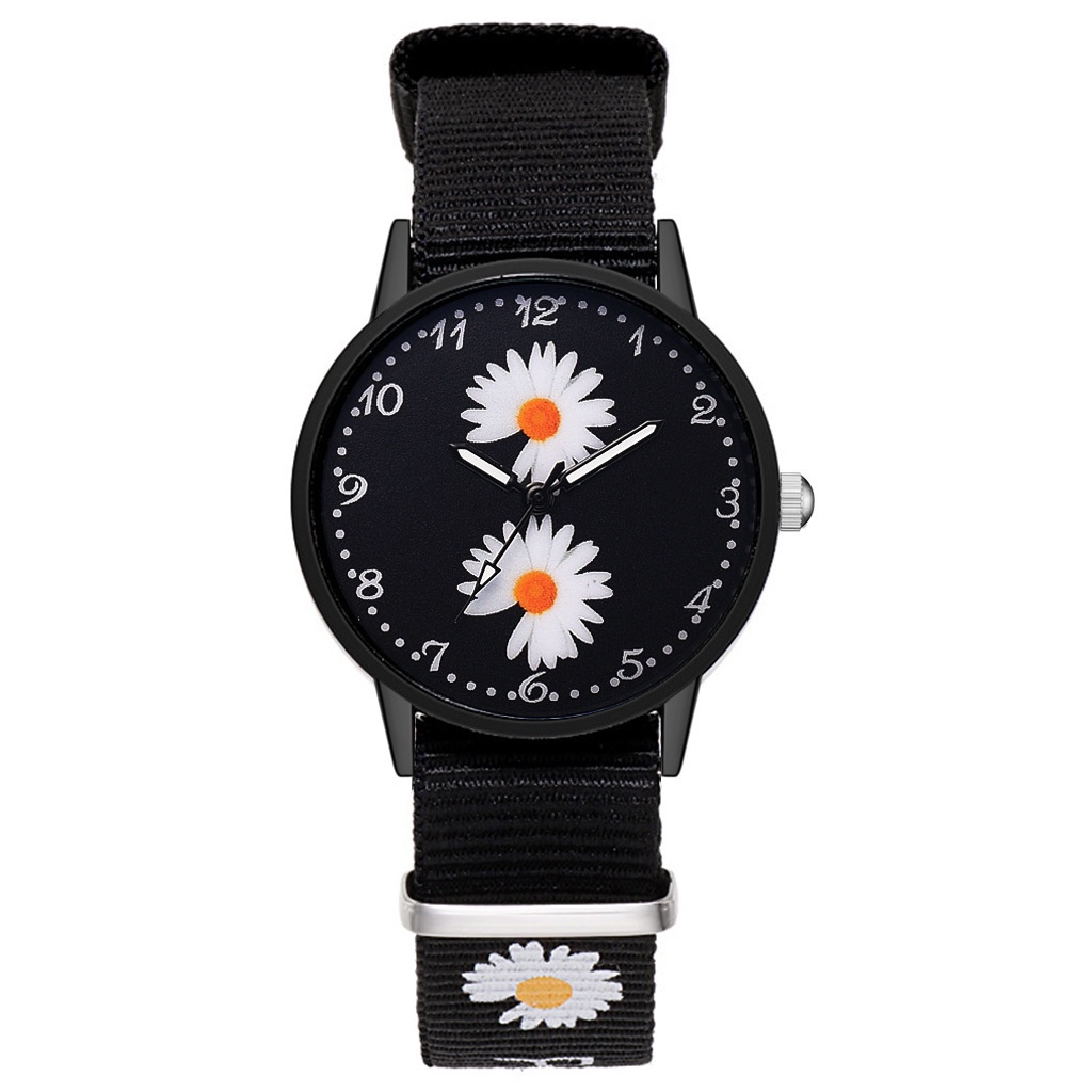MURMURE.ID | JAM TANGAN ANALOG WANITA MODEL BULAT BUNGA DAISY HITAM IMPORT MURAH FW014-2 BUNGA