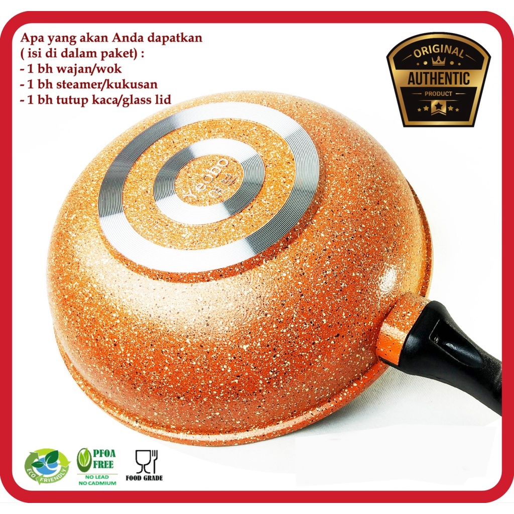 Panci Wok Pan New MOEGEN Granite Orange 30cm + Steamer Stainless Steel