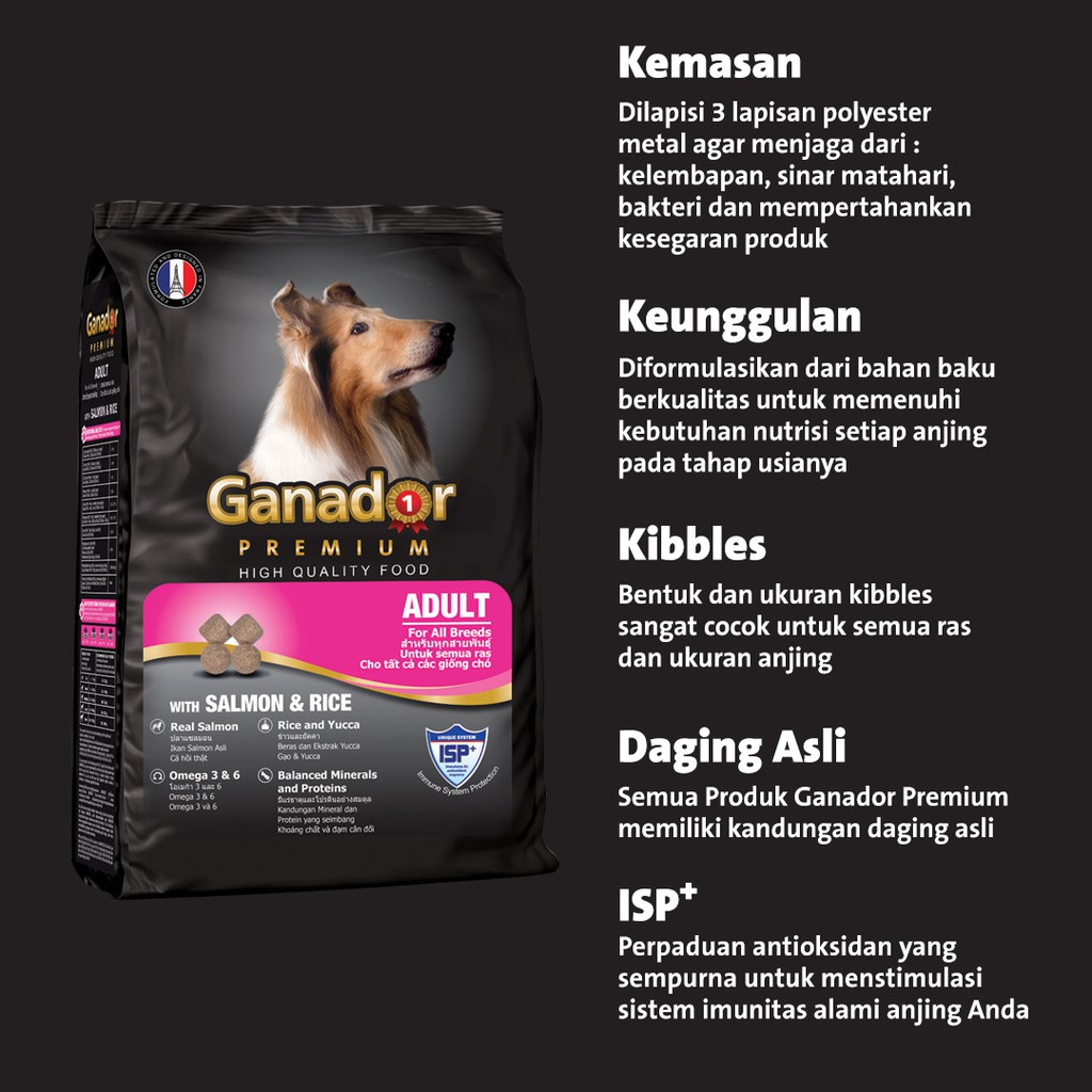 (Freshpack) Makanan Anjing Kering GANADOR Premium Adult Salmon &amp; Rice 400 Gram / Dry Dog Food Murah