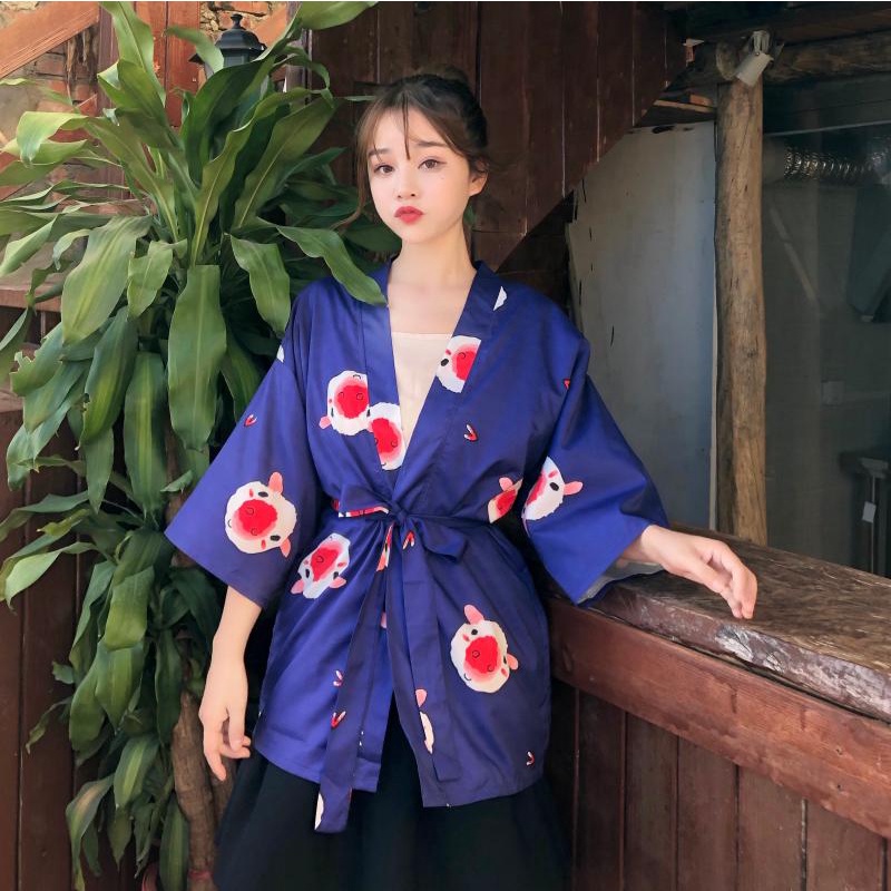 2022 Fashion Casual Pink Purple Street Beach Cardigan Kimono Wanita Motif Jepang Harajuku Kimono Longgar Warna 2023t