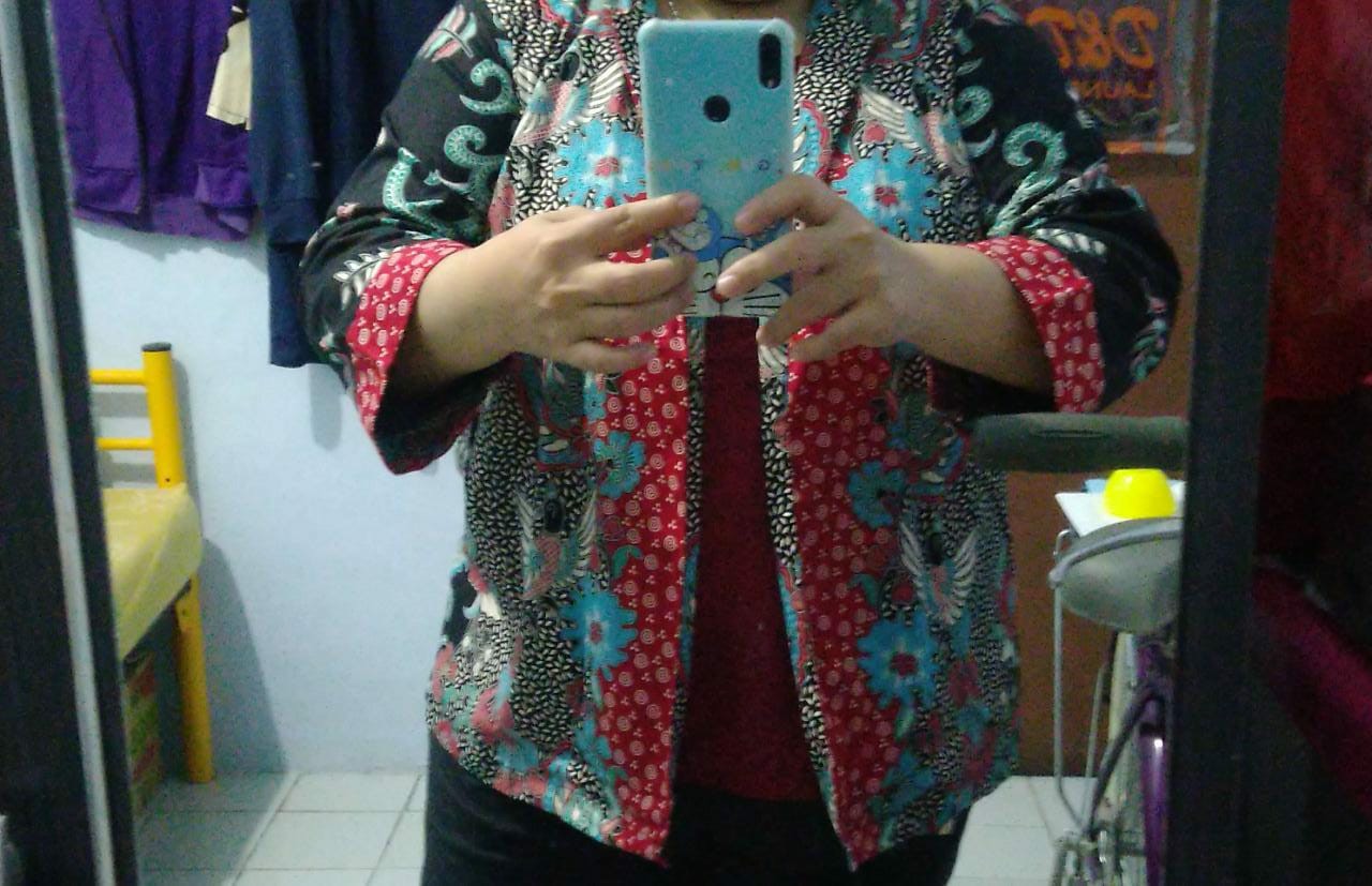 Atasan Blouse Batik Wanita Lengan Panjang Warna Navy Bahan Katun Stretch, 242 Aon#