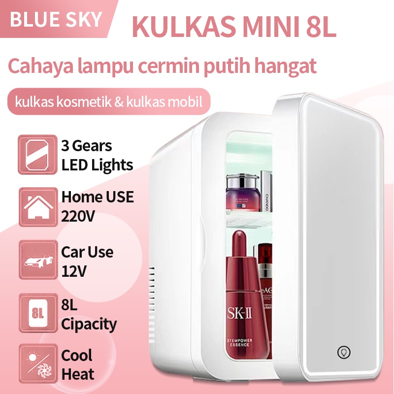 BLUE SKY 8L Kulkas Skincare Mini Fridge LED Mirror Minifridge Portable Cermin Skin Care Minifridge Kosmetik Makanan