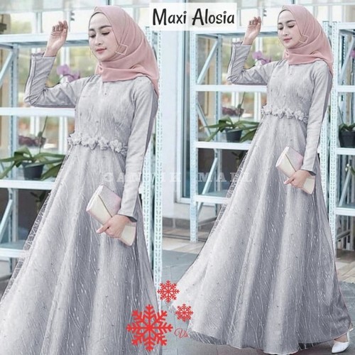 Gamis Remaja Wanita Kekinian Model Kekinian Terbaru 2021 Lebaran  HM517 Maxi Alosia Abu Brukat Tulan