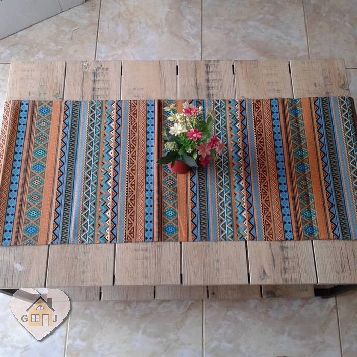 Taplak Meja Tamu Bahan Kain Kanvas Linen Tebal Ukuran 150 cm x 40 cm Motif Tribal Coklat