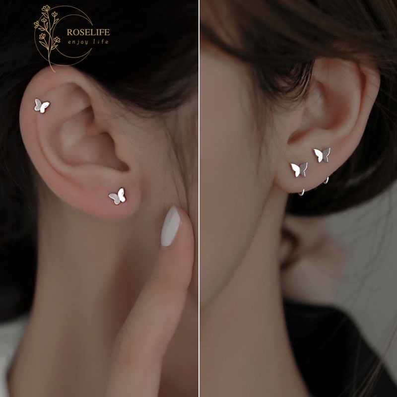 Roselife 1 Pasang Anting Tusuk Sterling Silver 925 Desain Kupu-Kupu Simple Untuk Wanita