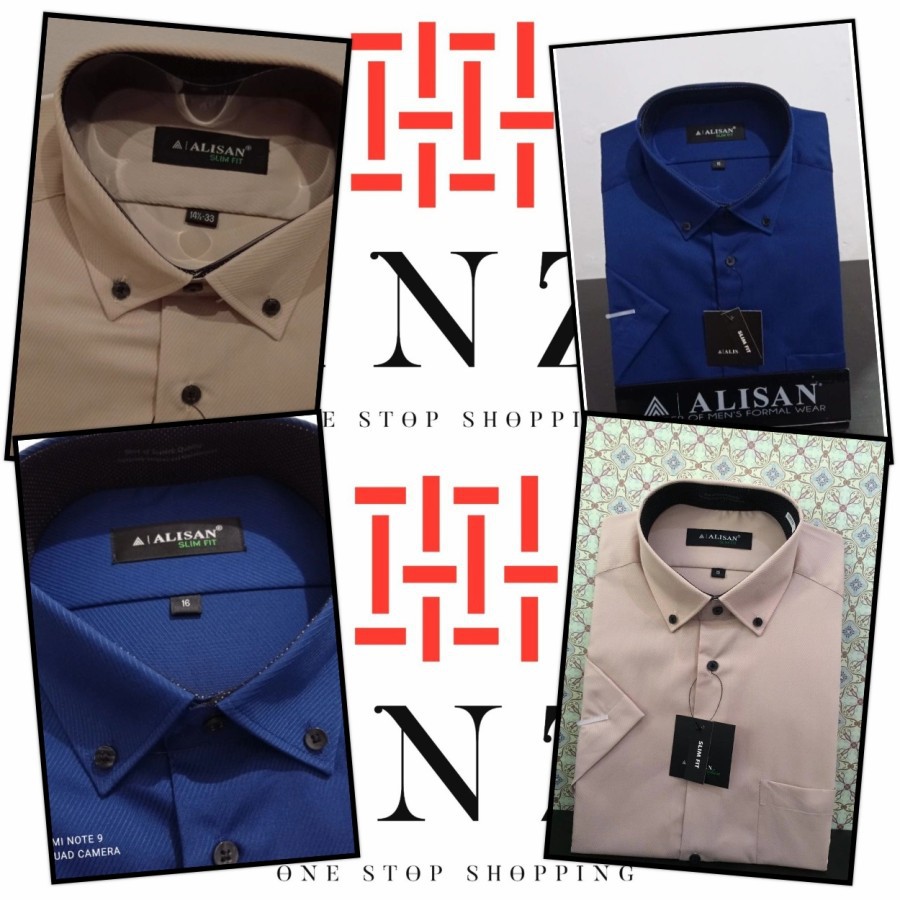 ALISAN Dobby Kemeja Lengan Pendek Kombinasi Kerah Dot COKLAT/BIRU SLIMFIT