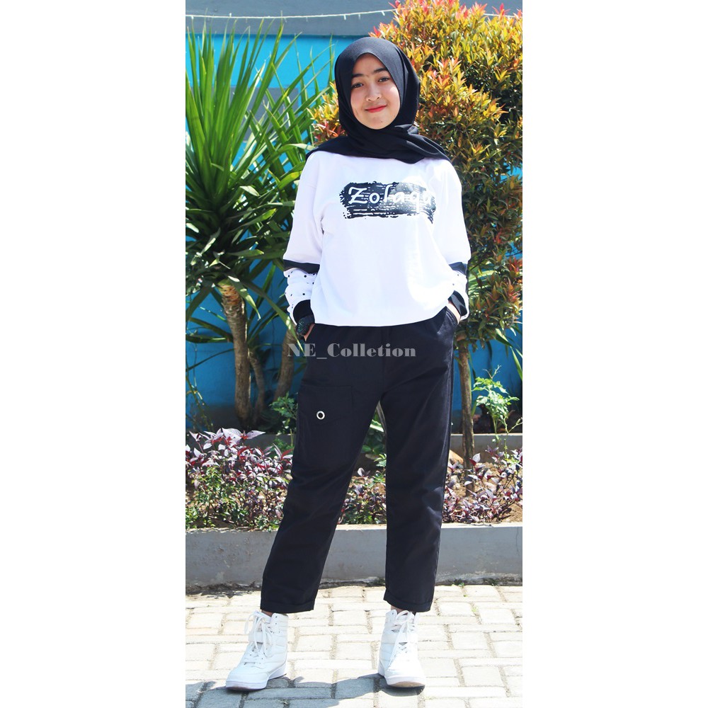 Pantaloni Cargo Dellina Skirt / Celana Panjang Wanita Jogger Slim Fit Warna Hitam