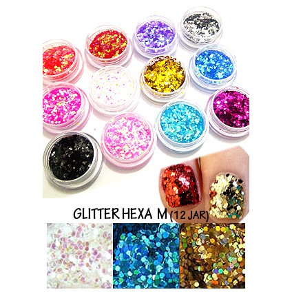 DEKORASI SLIME / NAIL ART GLITTER HEXAGON MEDIUM (12 JAR)-1000338