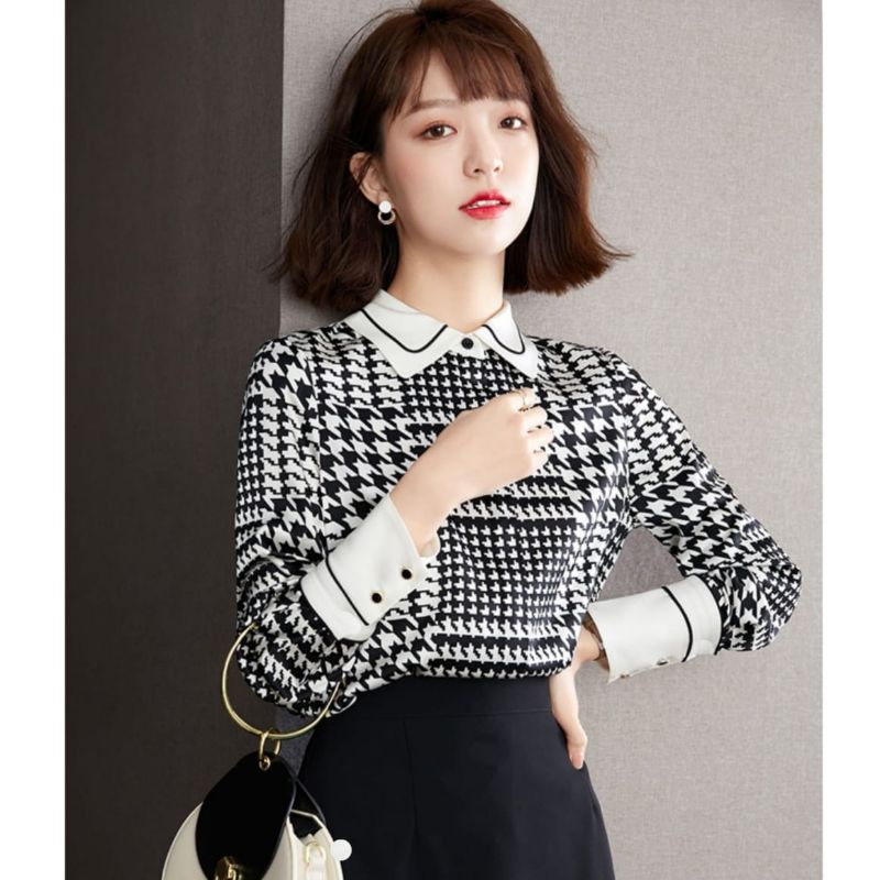 MDLV ~ 2140 Jericha Hidden Button Shirt Houndstooth Kemeja Twiscone Korea Fashion import