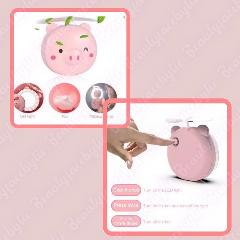 Kipas Angin Portable Lucu Karakter Binatang Impor Cermin Kaca Lampu LED