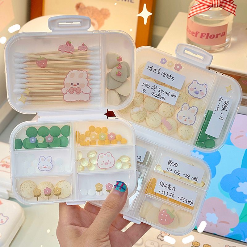 [Littlecrab] Box Obat Organizer Kotak Penyimpanan Medicine 8 Sekat Besar Kecil Multifungsi Aesthetic Flip Open Mini Box Kotak Putih Transparan Unik Stationary Kit Aesthetic Organizer