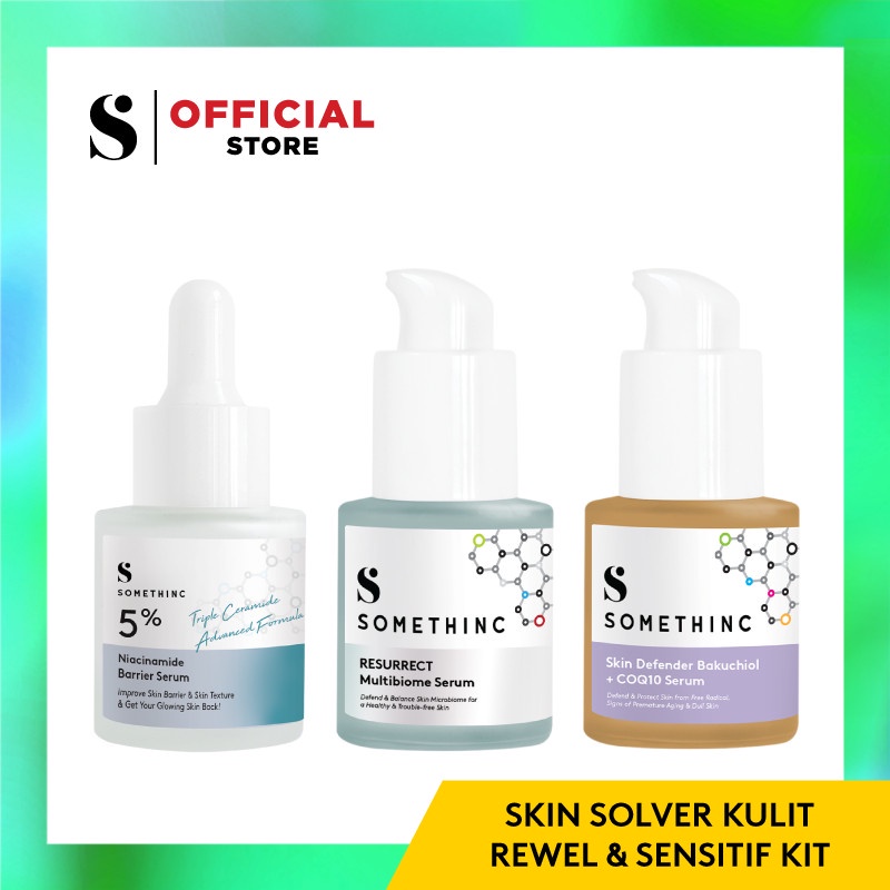 SOMETHINC SKIN SOLVER Kulit Rewel dan Sensitif Kit(- 5% Niacinamide Barrier Serum 20 ml - Resurrect Multibiome Serum 20 ml - Skin Defender Bakuchiol + COQ10 Serum 20 ml)