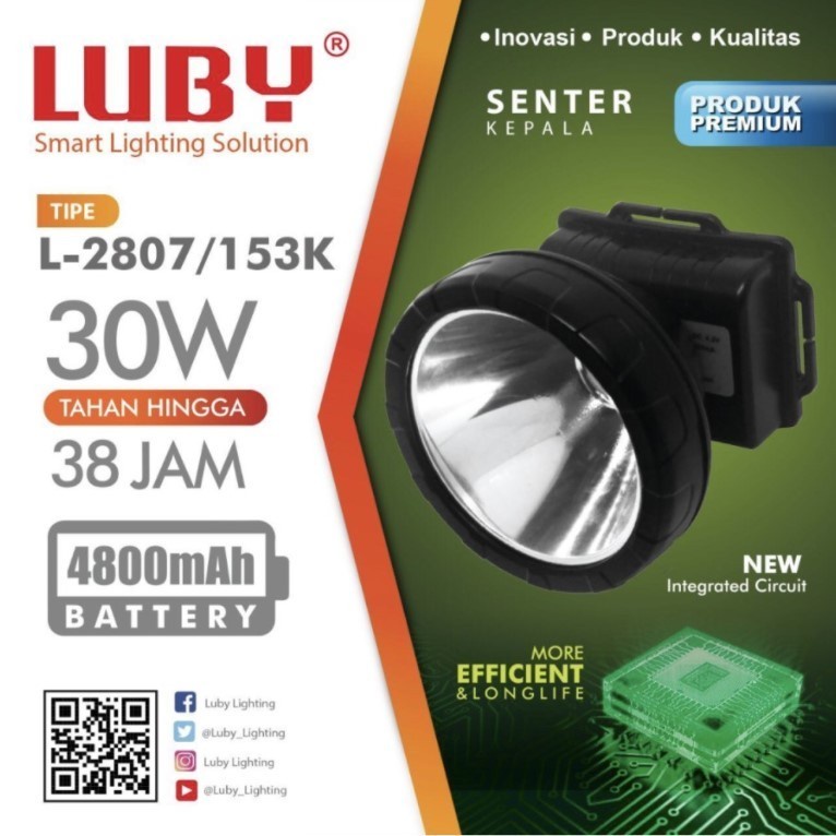 Senter Kepala Luby 30 Watt L-2807/153K Headlamp LED Cahaya Kuning Charger Free Bohlam LED Original