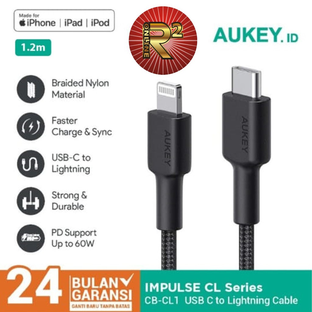 Aukey CB-CL1 Braided Nylon Cable MFI USB-C to Lightning Cable 1,2m Original Garansi Resmi Aukey