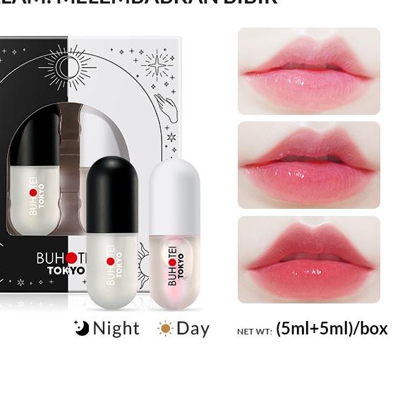 BUHOTEI Day & Night Lip Serum Set (5ml + 5ml) Serum Bibir Pink Alami Lip Gloss Lip Oil HALAL Lip Bal