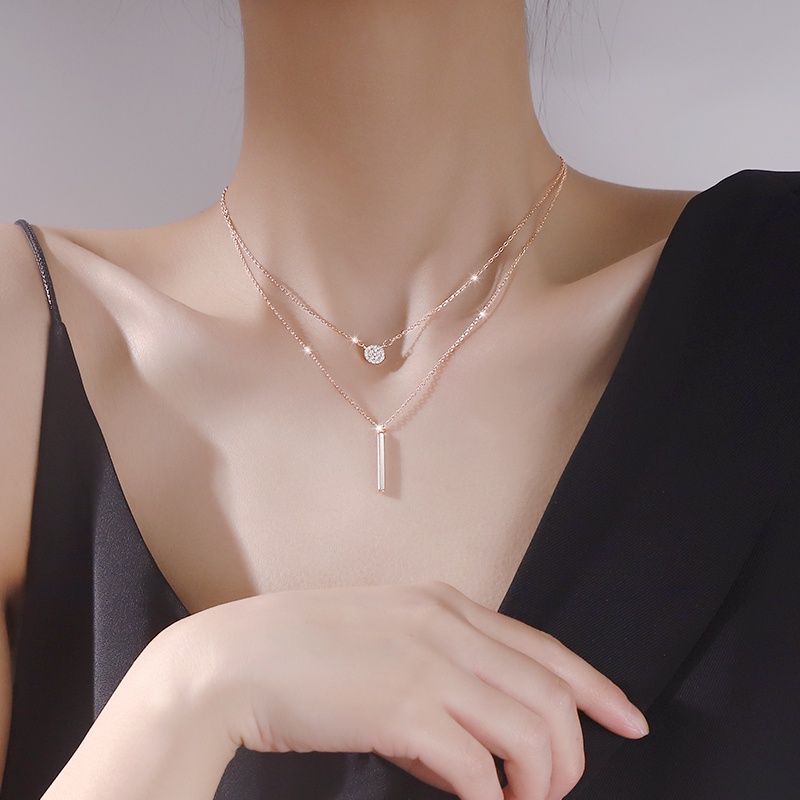 Kalung Rantai Choker Double layer Liontin Tongkat Panjang Bahan Zirkon Gaya Korea Untuk Wanita