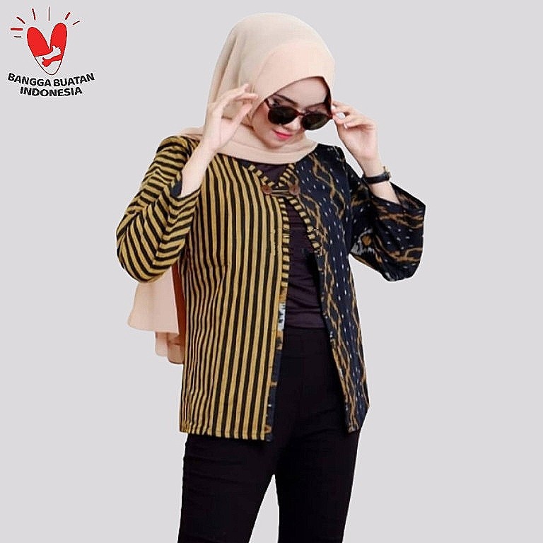 Blazer Tenun Mix Lurik - Atasan Batik Wanita - Tenun Jepara