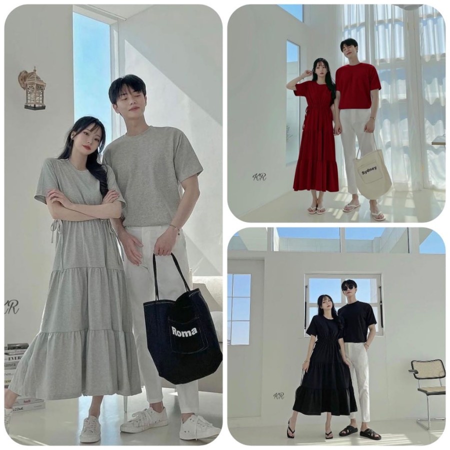 Baju couple set kapel kevin polos maxy dress kemeja muslim 2022 model simple kekinian modis remaja d
