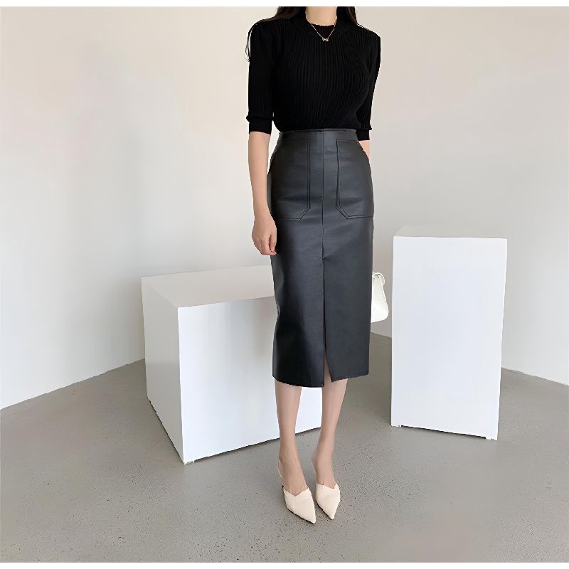 Rok Pensil Ritsleting Rok Midi Dengan Gaya Saku dan Belahan Tampak Depan Warna Hitam By Tailor Labs