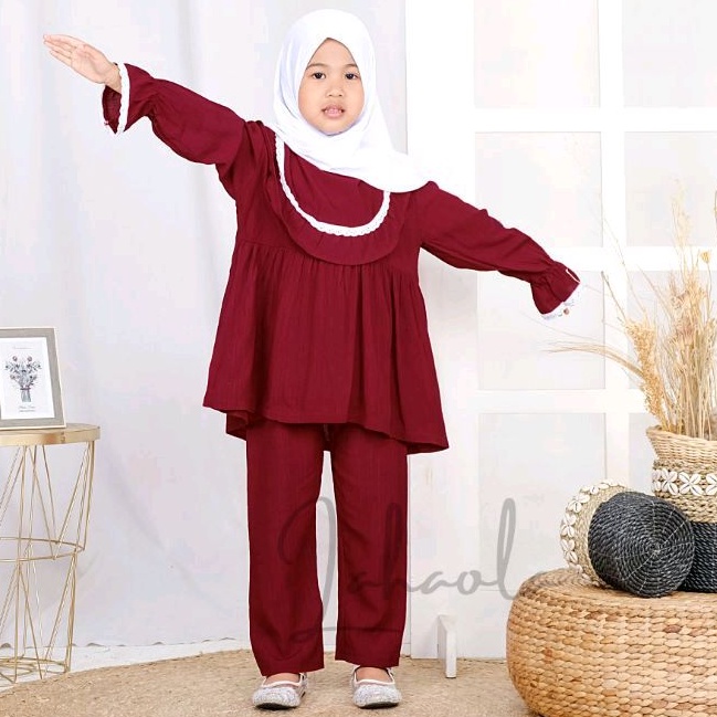 Setelan Tunik crinkle renda anak perempuan 1-5 tahun