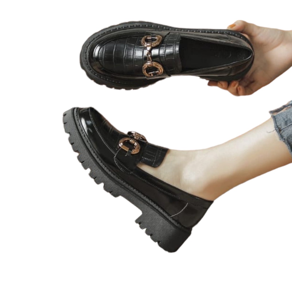 SEPATU LOAFERS WANITA CROCO GLOSY GOLD '' STELIO '' PREMIUM 7788