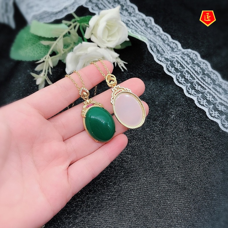 [Ready Stock]Hetian Chalcedony 24K Gold Pendant Inlaid Jade Necklace Women's Elegant Fashion