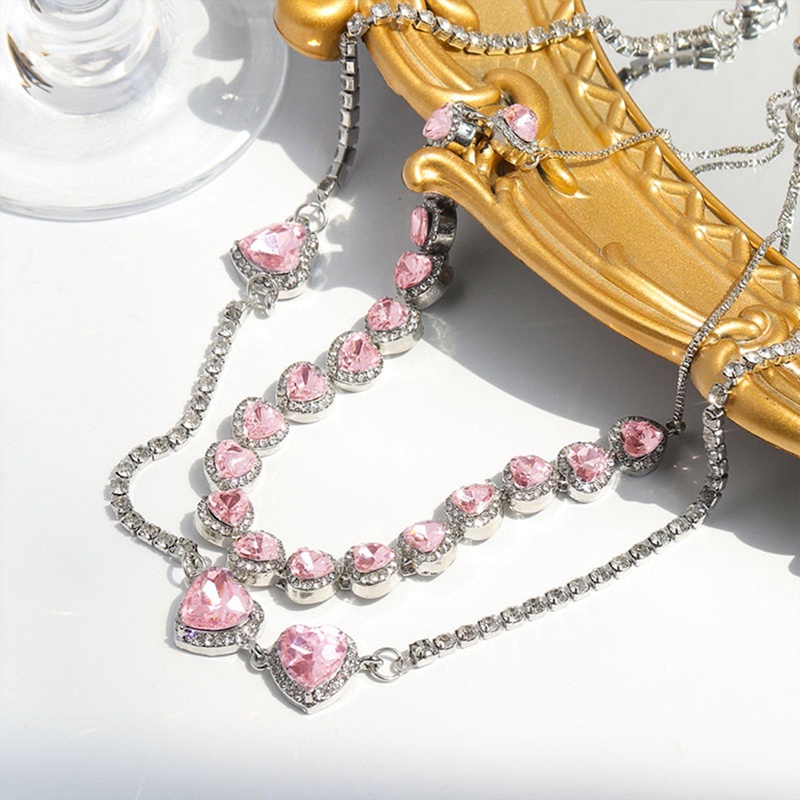 Kalung Rantai Dengan Liontin Hati Warna Pink Aksen Batu Zircon Untuk Wanita