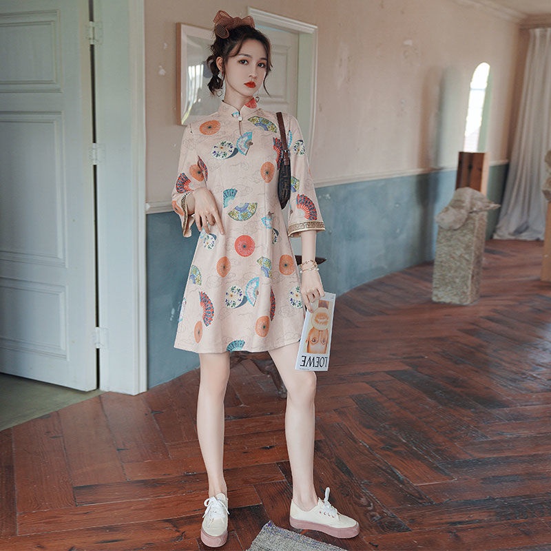 Inverted large sleeved cheongsam modified spring daily dress girl A-line skirt Chinese style short s