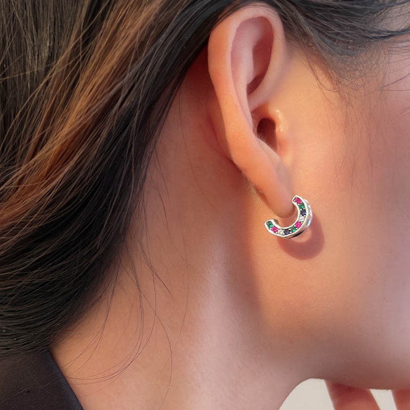Anting Tusuk Bentuk C Hias Zircon Warna Pelangi Gaya Trendyretrothailand Untuk Wanita