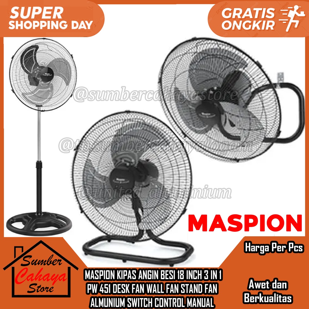 Maspion PW 451 Power Fan Kipas Angin Daya PW451 18 inch 3in1 BERDIRI DINDING DUDUK MEJA DESK WALL ST