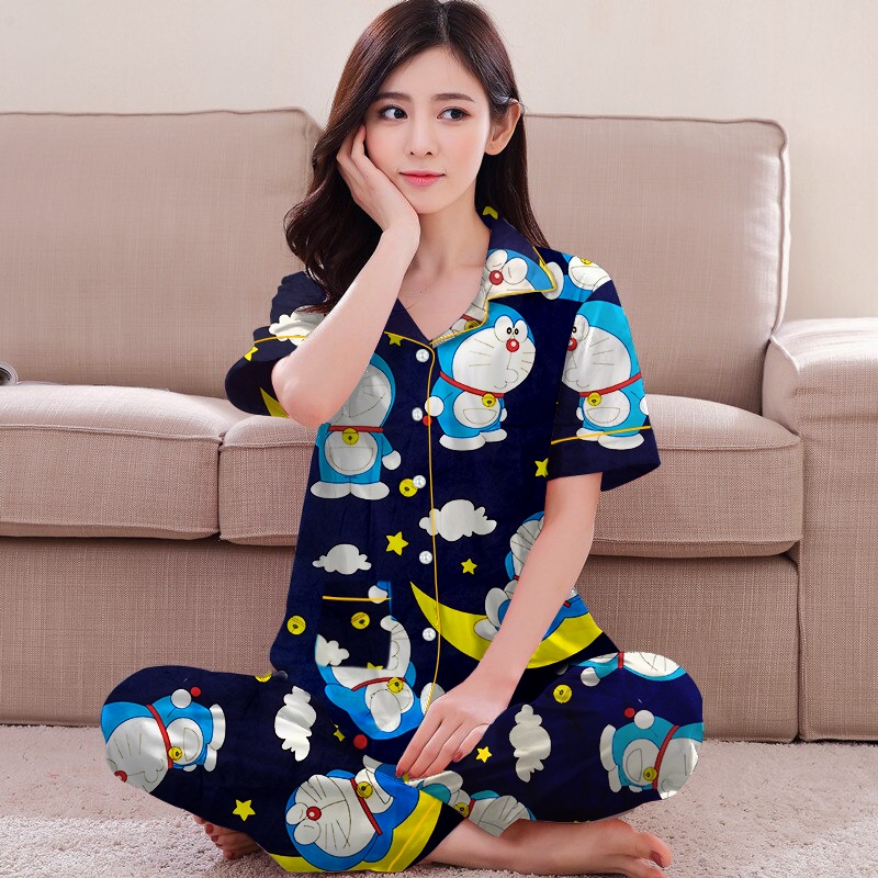 Hokystore99 - Piyama Wanita Dewasa Lengan Pendek Celana Panjang / Baju Tidur Wanita Dewasa (Part.1)-Dora Star Navy