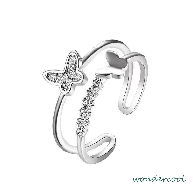 Double Butterfly Diamond Ring Pembukaan Cincin Dapat Disesuaikan Wanita Fashion Perhiasan Aksesoris Hadiah Natal -Won