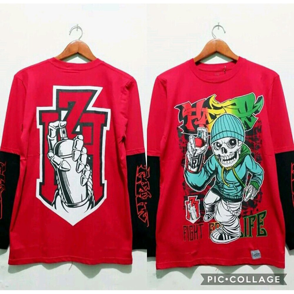 DISKON BAJU PRIA BAJU KAOS TSHIRT DISTRO ORIGINAL BANDUNG WARNA MERAH FULL PRINT MOTIF SKULL SPRAY