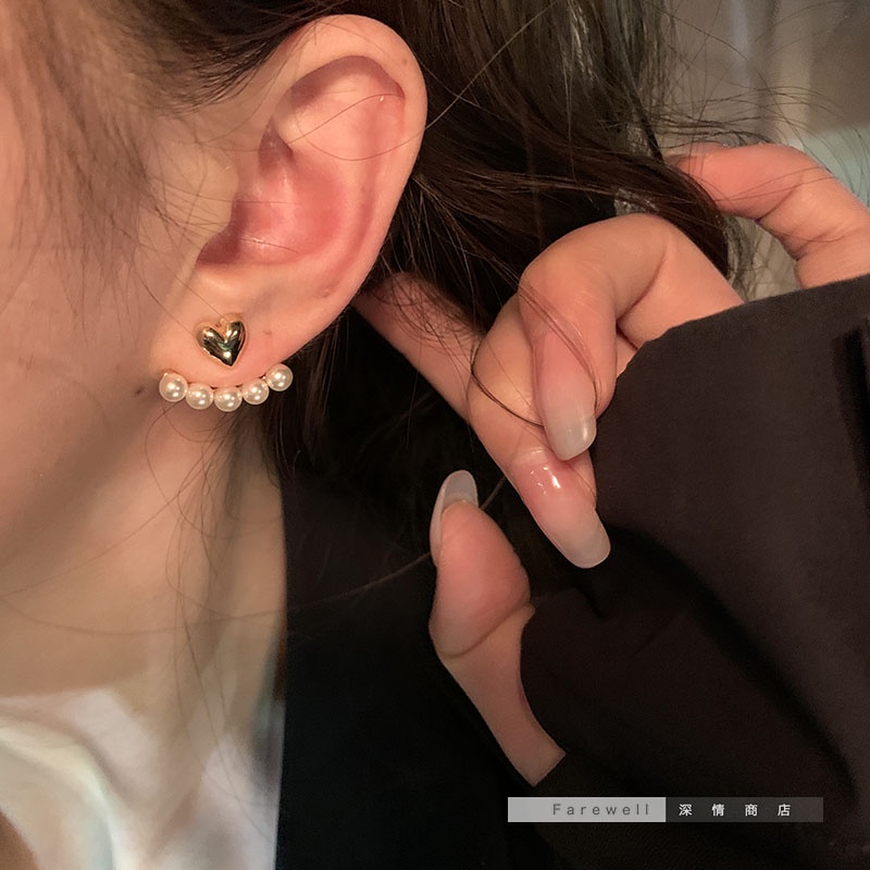 IFYOU Anting Stud Bentuk Hati Aksen Mutiara Warna Emas Gaya Korea Untuk Wanita