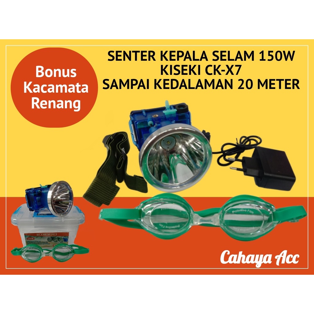 Senter Kepala Selam 150 Watt Kiseki CK-X7 Bonus Kacamata Renang Kapasitas Baterai 6000mAh - Senter Diving Kiseki Bisa Menyelam Sampai Kedalaman 20 Meter