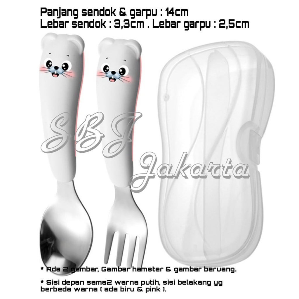 Alat makan Sendok Garpu Set / Set sendok Anak 304 SUS Stainless Steel disertai wadah case motif hamster bear