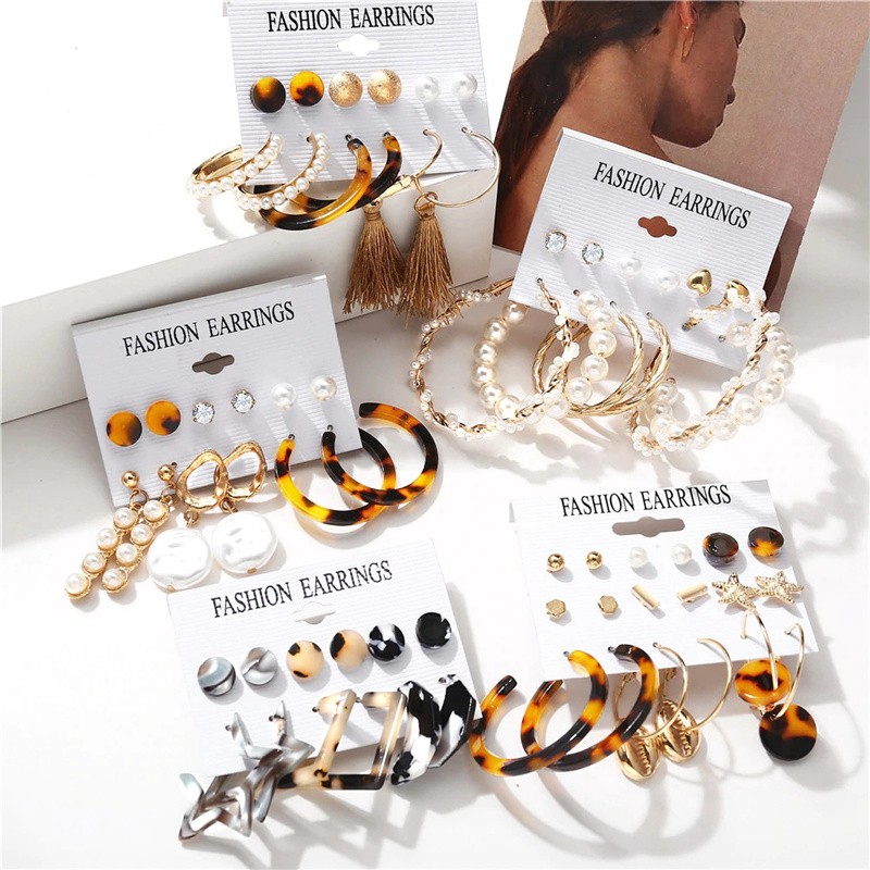 [ACKER] 6 Pair/set Fashion Pearl Earrings Set Wanita Bohemian Lingkaran Rumbai Panjang Stud Earrings Pantai Perhiasan