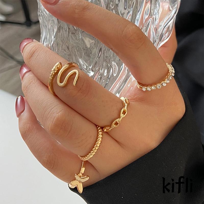 5pcs / Set Cincin Bentuk Kupu-Kupu Geometris Untuk Wanita