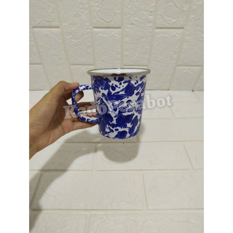 Mug enamel langsing - gelas gagang motif lurik- cangkir gagang lurik