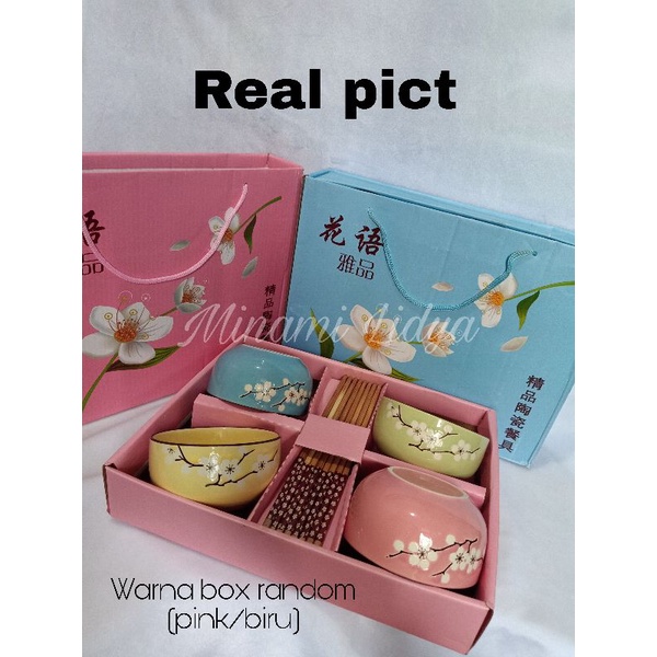 set mangkok rice bowl sakura gift hadiah with box