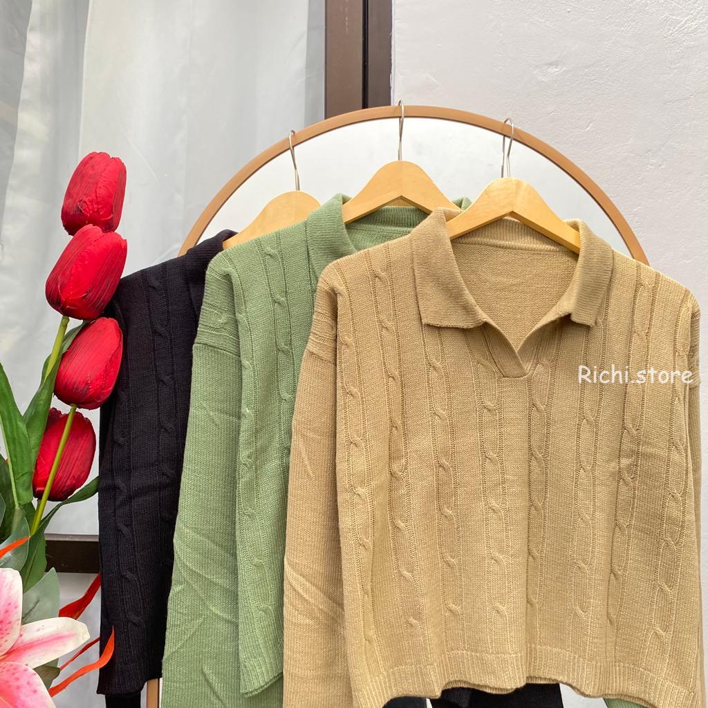 CROP RAJUT CABLE POLO BLOUSE ATASAN WANITA PREMIUM